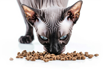 Hairless Sphinx cat eating kibble, isolated on white background