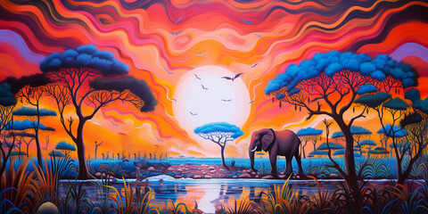 Painting of elephants and wild animals With views of trees, rivers, mountains and nature, there is sunlight.