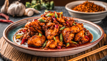 close up shot of Very spicy Sichuan mala chicken - obrazy, fototapety, plakaty