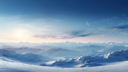 Fototapeta na wymiar Mountainous winter landscape in morning light. solstice scenery with snow covered rolling hills in the distance beneath a sky with sun and moon.