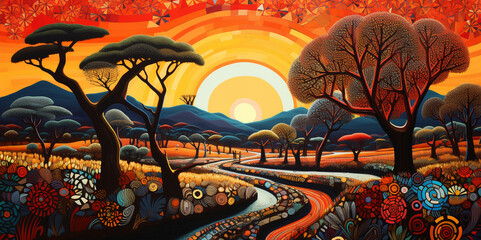 Paintings of brightly colored landscapes, with mountains, sun, rivers, natural atmosphere in red tones.