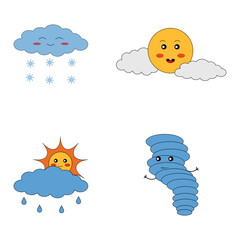 Collection of Kawaii Weather Character. Cute Children's Element. Vector Illustration