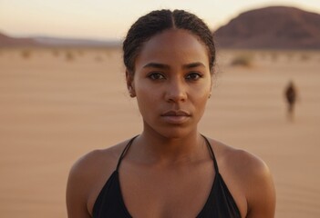 indigenous black woman, her gaze meeting the camera, standing amidst a vast sandy desert