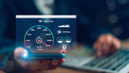 Fast internet connection speed test bandwidth network technology, speed optimization.