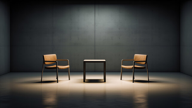 Interrogation Room: Minimalist Design with Stark Atmosphere, Dramatic Photographic Style