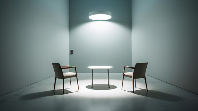Interrogation Room: Minimalist Design with Stark Atmosphere, Dramatic Photographic Style