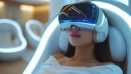 Asian Woman in Virtual Reality Entertainment Experience - 732895746