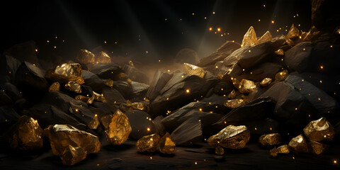 Sparkling Black gold explosion party. Happy invitation. Golden rocks with dark background. - obrazy, fototapety, plakaty