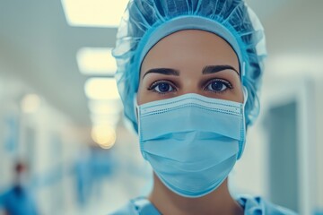 Doctor in a cap and mask standing against the background of a bright hospital room