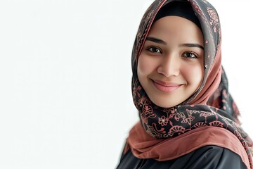 Asian Muslim woman wearing smiling to give greeting during Ramadan and Eid Al Fitr celebration over white background - generative ai