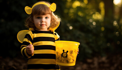 Child in a Halloween Bee Costume with a Yellow Bucket in a Forest - AI generated
