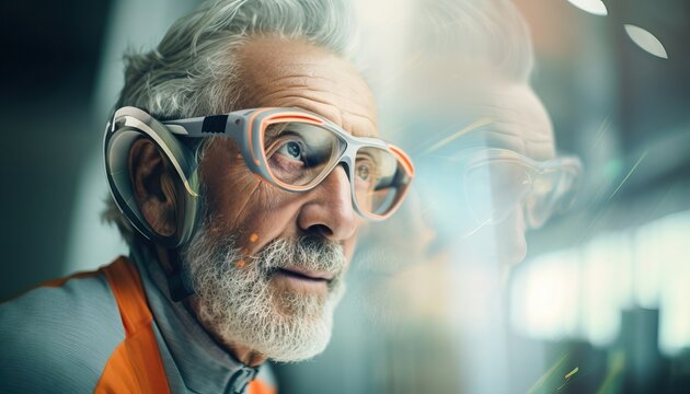 Old man with technology headphones and orange vest (AI generated)