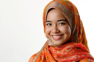 Asian Muslim woman wearing smiling to give greeting during Ramadan and Eid Al Fitr celebration over white background - generative ai