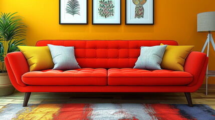 A stylish living room features a bold red couch with yellow pillows against a vibrant yellow wall, modern and cozy.