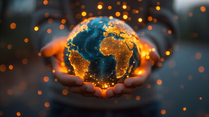 Hands holding a glowing globe with Africa and Europe continents highlighted with golden light.