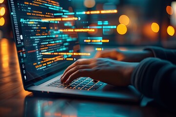 A Person Typing on High Tech Laptop Computer, Lit Up Digital Text, Double Exposure Technology Concept Art, Closeup Photo