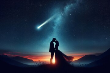 Romantic Night Sky Couple Silhouette - obrazy, fototapety, plakaty