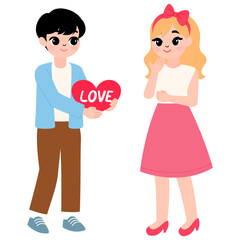 young boyfriend giving heart to girlfriend cartoon illustration