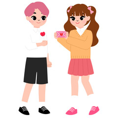 young girlfriend give love letter to boyfriend cartoon illustration