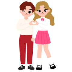 teenager boyfriend and girlfriend doing hand heart to each other cartoon illustration