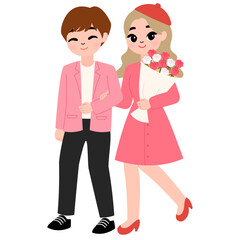 young boyfriend and girlfriend walking arm in arm cartoon illustration