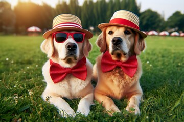 Two adorable dogs dressed in straw hats and red bow ties