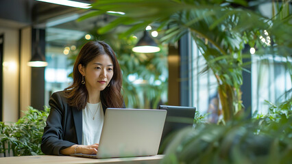 Futuristic businesswoman analyzing data holograms. AI-powered corporate strategist amidst digital networks.