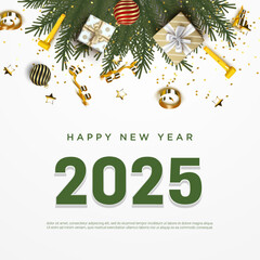 Happy New Year 2025. festive realistic decoration with green number 2025. Celebrate party 2025 on square background