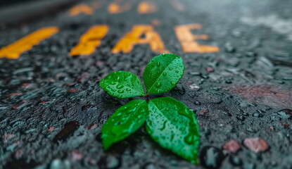 Naklejka premium A wet, vibrant green clover leaf lies on dark, wet asphalt, with the word 