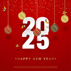 Happy new 2025 year with realistic ball and ribbon on red square background.