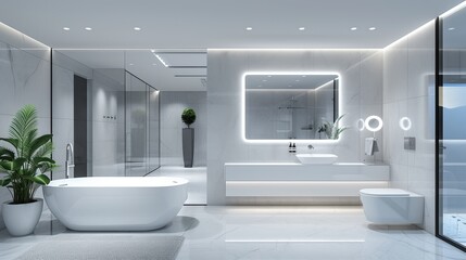 Luxurious Modern Bathroom with White Marble Decor and Green Plants