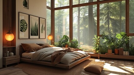 Cozy Bedroom with Modern Decor, Large Windows Overlooking Forest, Warm Lighting and Wooden Flooring