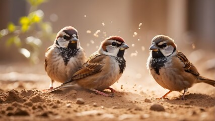sparrow on the earth, Energetic sparrows engaged in a lively dust bath on a sunny day