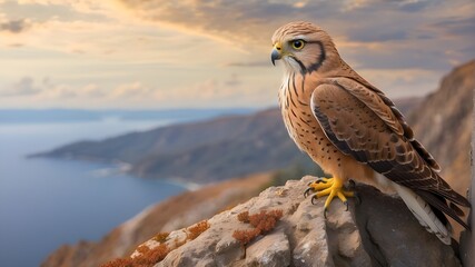 red tailed hawk buteo, Majestic kestrel perched on a cliff surveying the world below - obrazy, fototapety, plakaty