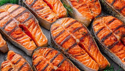 close up of roasted salmon, heap salmon