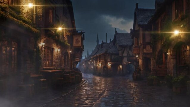 18th-century English cityscape of London, where streets shine under the warm glow of street lamps. during rainy season,4K seamless looping overlay virtual video animation background.
