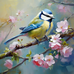 Digital painting of a blue tit bird sitting on a branch of cherry blossom