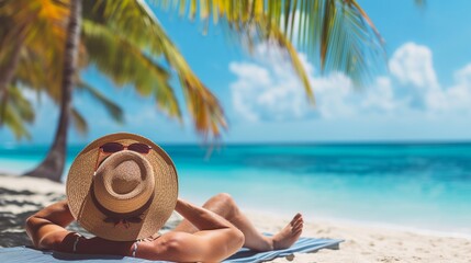 Serene Tropical Beach Vacation - Unidentified Individual Relaxing Under Palm Trees by the Crystal Clear Ocean