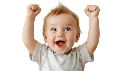 Adorable baby's joyful discovery: Delighted expression against white backdrop, pure happiness captured in photo.