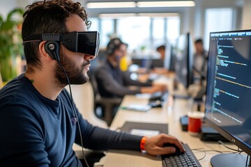 A blind programmer uses assistive technology to code alongside colleagues in an open-plan office - obrazy, fototapety, plakaty