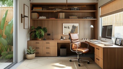 Modern Home Office Interior with Wooden Desk, Leather Chair, Shelves, Decorative Plants, and Natural Light