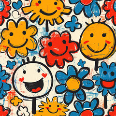 Children and flowers colorful doodles repeat pattern, kids cartoon collage, childish, repetitive	