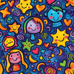 Fototapeta na wymiar Children colorful doodles repeat pattern, kids cartoon collage, childish, repetitive 