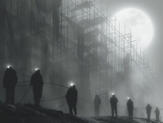 An engineer is doing construction work at night with the full moon lighting up the construction site.