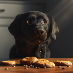 Innocent dog eating chocolate cookies, created by Generative AI.