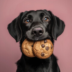 Cute dog eating chocolate cookies, created by Generative AI.