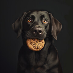 Cute dog eating chocolate cookies, created by Generative AI.