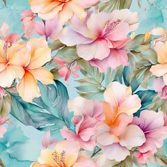 seamless pattern of tropical colortul flowers in water color