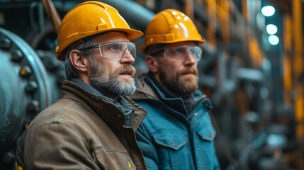 Two industrial workers in hardhats engage in a serious discussion inside a manufacturing facility with complex machinery.