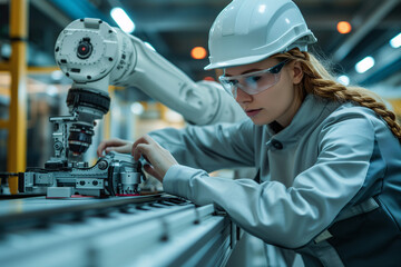 A female engineer programs a robotic arm on a manufacturing line, demonstrating advanced automation in technology.
